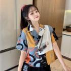 Short-sleeve Graphic Print Open-collar Shirt Blue & White & Yellow - One Size