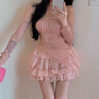 Spaghetti Strap Mesh Top / Arm Sleeves / Mini A-line Skirt / Set
