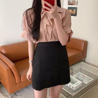 Short-sleeve Open-collar Frill Trim Blouse / Mini Pencil Skirt