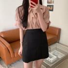 Short-sleeve Open-collar Frill Trim Blouse / Mini Pencil Skirt