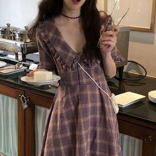 Ruffle Trim Plaid Short-sleeve A-line Dress