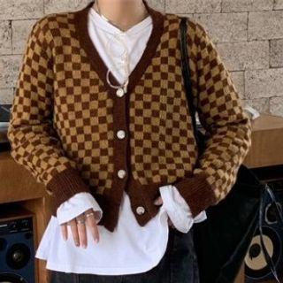 Checker Print Cardigan Coffee - One Size