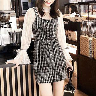 Set: Long-sleeve Lace Top + Sleeveless Tweed Mini Dress