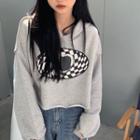 Checkered Panel Cropped Hoodie Gray - One Size