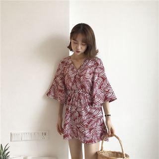 Leaf Print 3/4-sleeve Playsuit