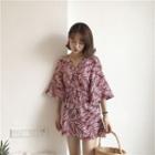 Leaf Print 3/4-sleeve Playsuit