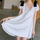Short-sleeve Ribbon Accent A-line Dress White - One Size