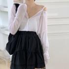 Cold-shoulder V-neck Blouse / Ruched Mini A-line Skirt