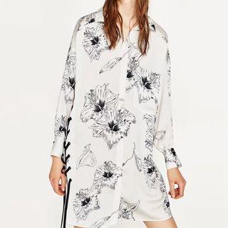 Long-sleeve Lace-up Printed Shirtdress
