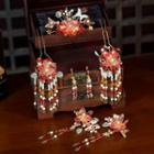 Set Of 6: Wedding Flower Faux Crystal Hair Stick + Hair Clip + Dangle Earring Set Of 6 - Red - One Size