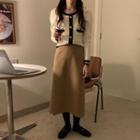 Contrast Trim Cardigan / Midi Fitted Skirt