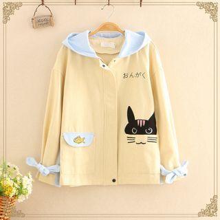 Bow-detail Cat Applique Color-block Jacket