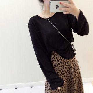 Plain Long-sleeve Knit Top Y299 - Black - One Size