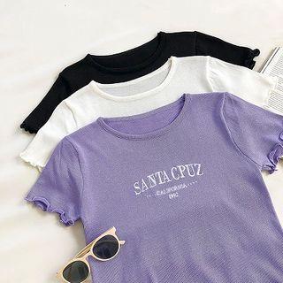 Lettering Printed Crewneck Ruffled-trim Short-sleeve Knit Top