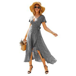 Floral Print Short-sleeve Dip-back A-line Dress