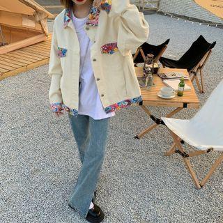 Long-sleeve Single-breasted Print Panel Denim Jacket