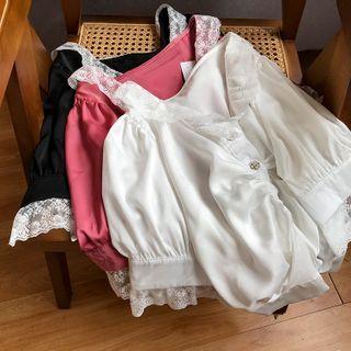 Lace Panel Short-sleeve Plain Blouse