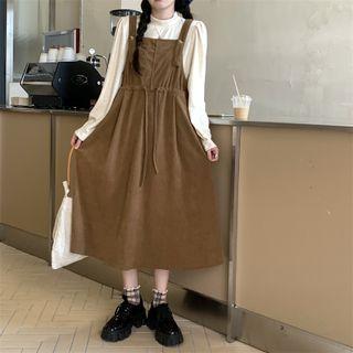 Long-sleeve Plain T-shirt / Drawstring Midi Overall Dress