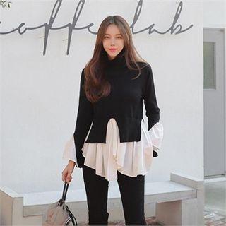 Mock-neck Layered Knit Top Black - One Size