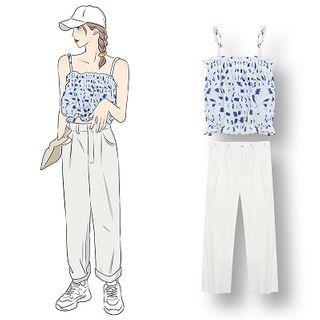 Printed Ruffle Trim Cropped Camisole Top / Plain Straight-cut Pants