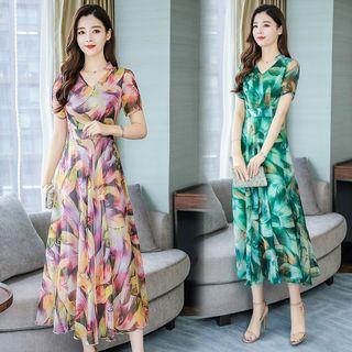 Printed V-neck Short-sleeve Maxi Chiffon Dress