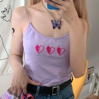 Spaghetti Strap Embroidered Heart Top Purple - One Size