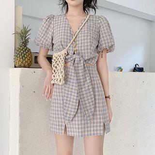 Plaid Tie-waist Wrap-front Blouse / Plaid Slit A-line Mini Skirt