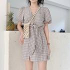 Plaid Tie-waist Wrap-front Blouse / Plaid Slit A-line Mini Skirt