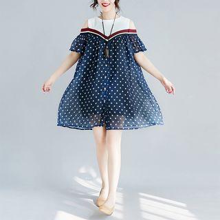 Star Print Short-sleeve Cold Shoulder Chiffon Dress