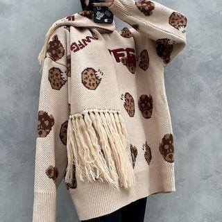 Set: Bear Print Sweater + Fringed Scarf Khaki - One Size
