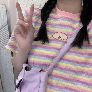 Embroidered Striped Short-sleeve T-shirt As Shown In Figure - One Size