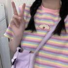Embroidered Striped Short-sleeve T-shirt As Shown In Figure - One Size