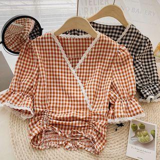 Puff-sleeve V-neck Lace Plaid Blouse