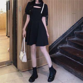Contrast Strap Puff-sleeve Cutout Mini A-line Dress