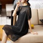 Set: Elbow-sleeve Lettering Chiffon Mini Dress + Slipdress