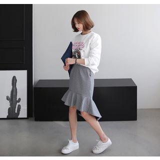 Ruffle-hem Dip-back Plaid Midi Skirt