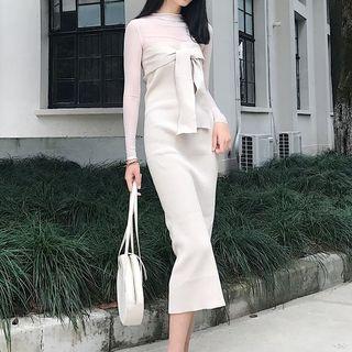Long-sleeve See Through Top / Strapless Midi Knit Dress