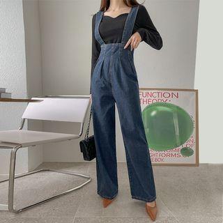 Pintuck Wide-leg Denim Suspender Pants