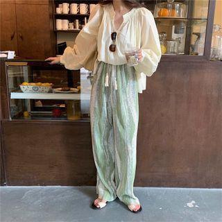 Long-sleeve Plain Blouse / Tie-dye Print Wide-leg Pants