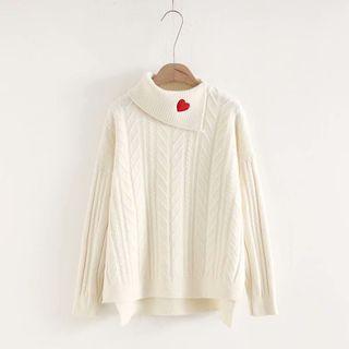 Long-sleeve Heart Embroidered Knit Top White - One Size