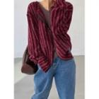 Zipped Striped Knit Cardigan Burgundy - One Size