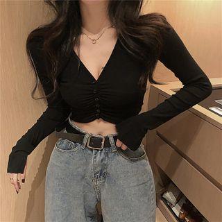 Long-sleeve Shirred Crop T-shirt