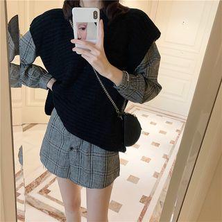 Long-sleeve Plaid Shirt / Sleeveless Knit Top