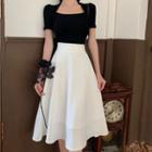 Short-sleeve Plain Top / High-waist Plain A-line Skirt