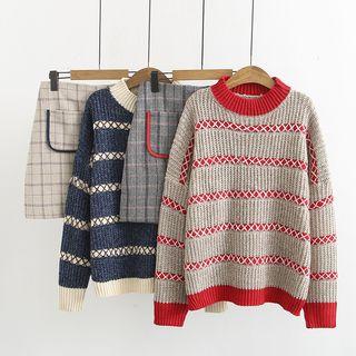 Set: Patterned Crew Neck Sweater + Plaid Mini A-line Skirt