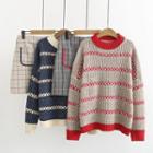 Set: Patterned Crew Neck Sweater + Plaid Mini A-line Skirt