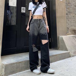 Low Rise Gradient Distressed Wide-leg Jeans