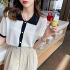 Elbow-sleeve Collar Two-tone Knit Top