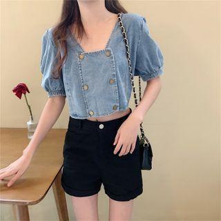 Balloon-sleeve Double-breasted Denim Blouse