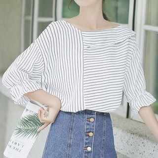 3/4-sleeve Asymmetric Striped Top